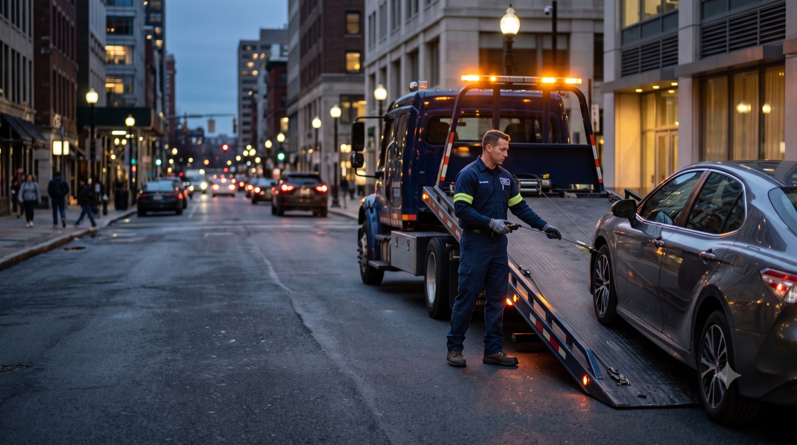 A car being loaded onto a flatbed tow truck