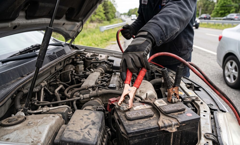 Jumper cables clamped to a car battery under an open hood